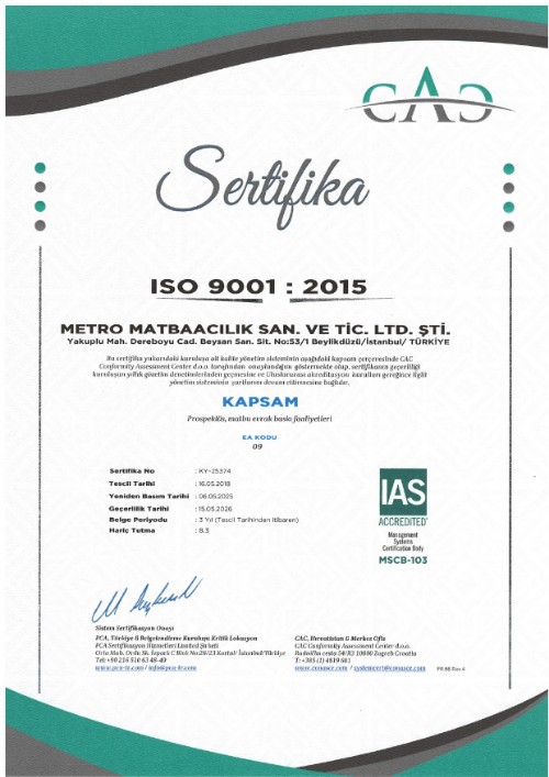 Metro Matbaacılık ISO 9001 Belgesi